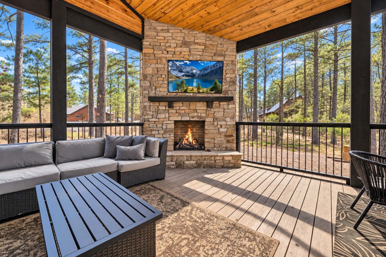 Family Getaway: Covered deck fireplace and seating