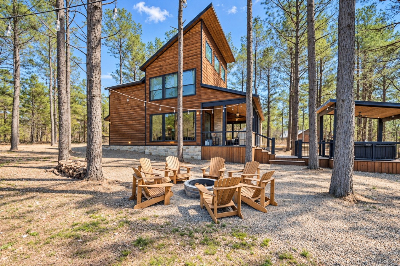 Family Getaway: Fire pit and cabin exterior