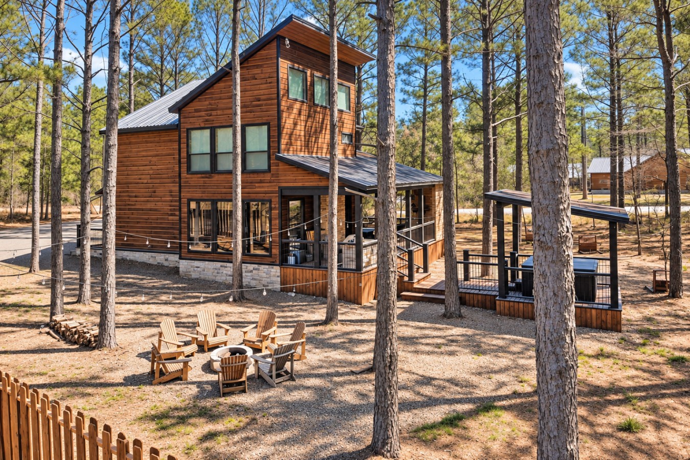 Family Getaway: Cabin exterior and fire pit