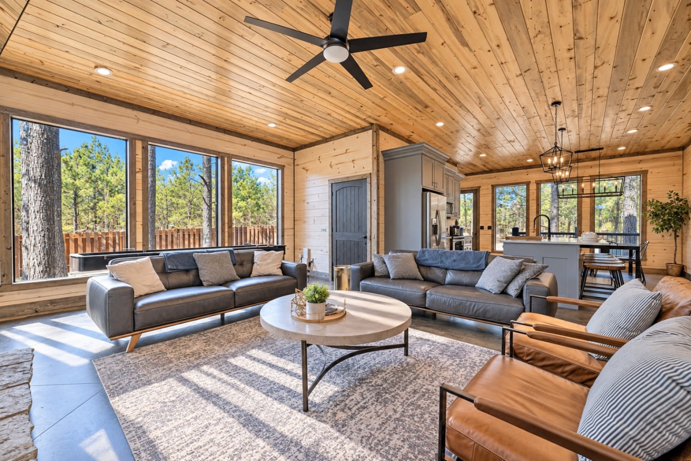 Family Getaway: Living room with stone fireplace
