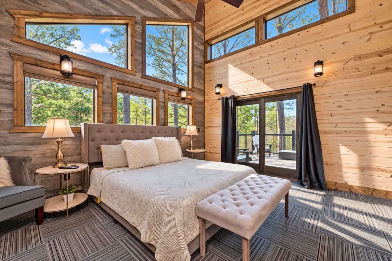 Family Getaway: Bedroom with stone fireplace