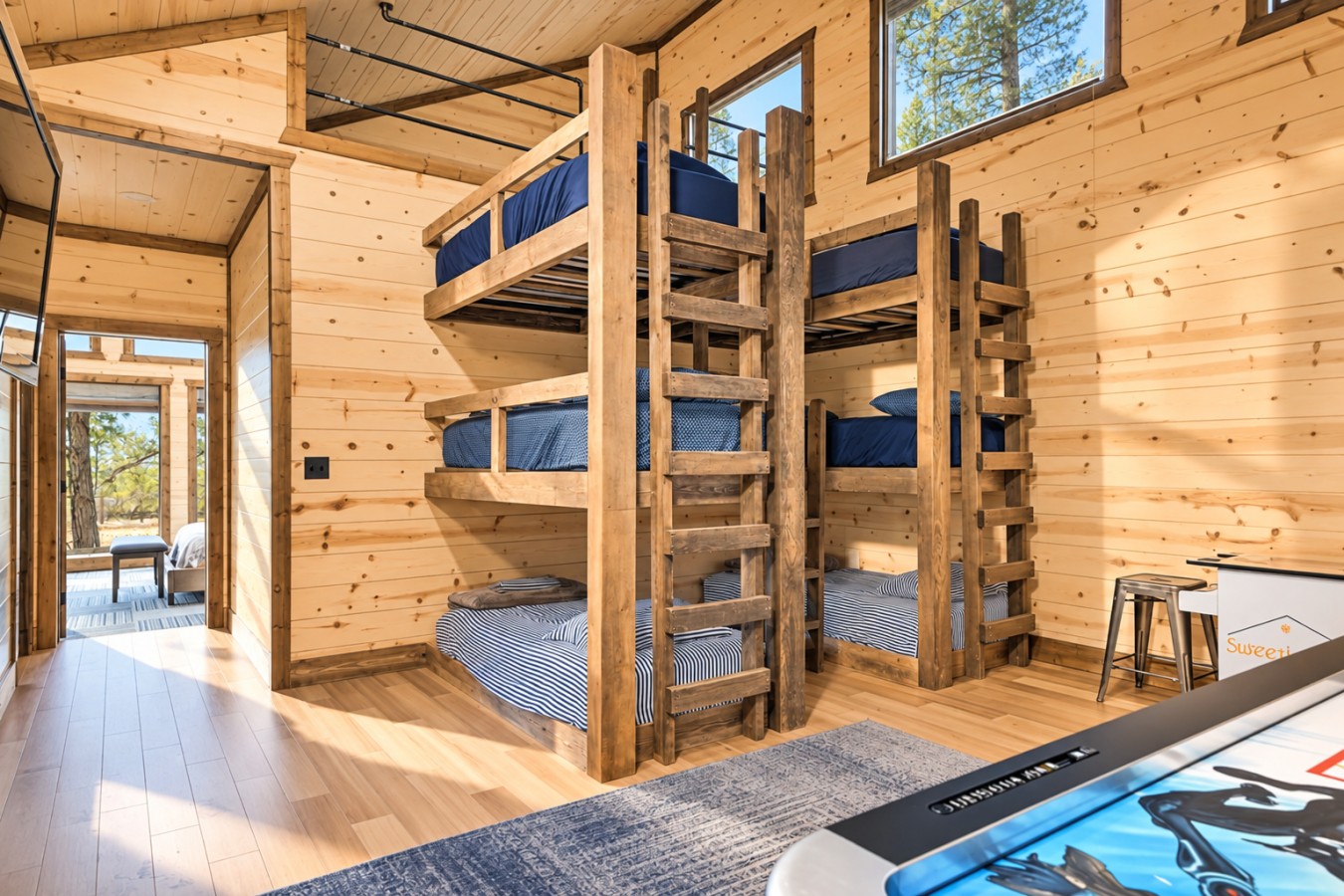 Family Getaway: Bunk beds and arcade table
