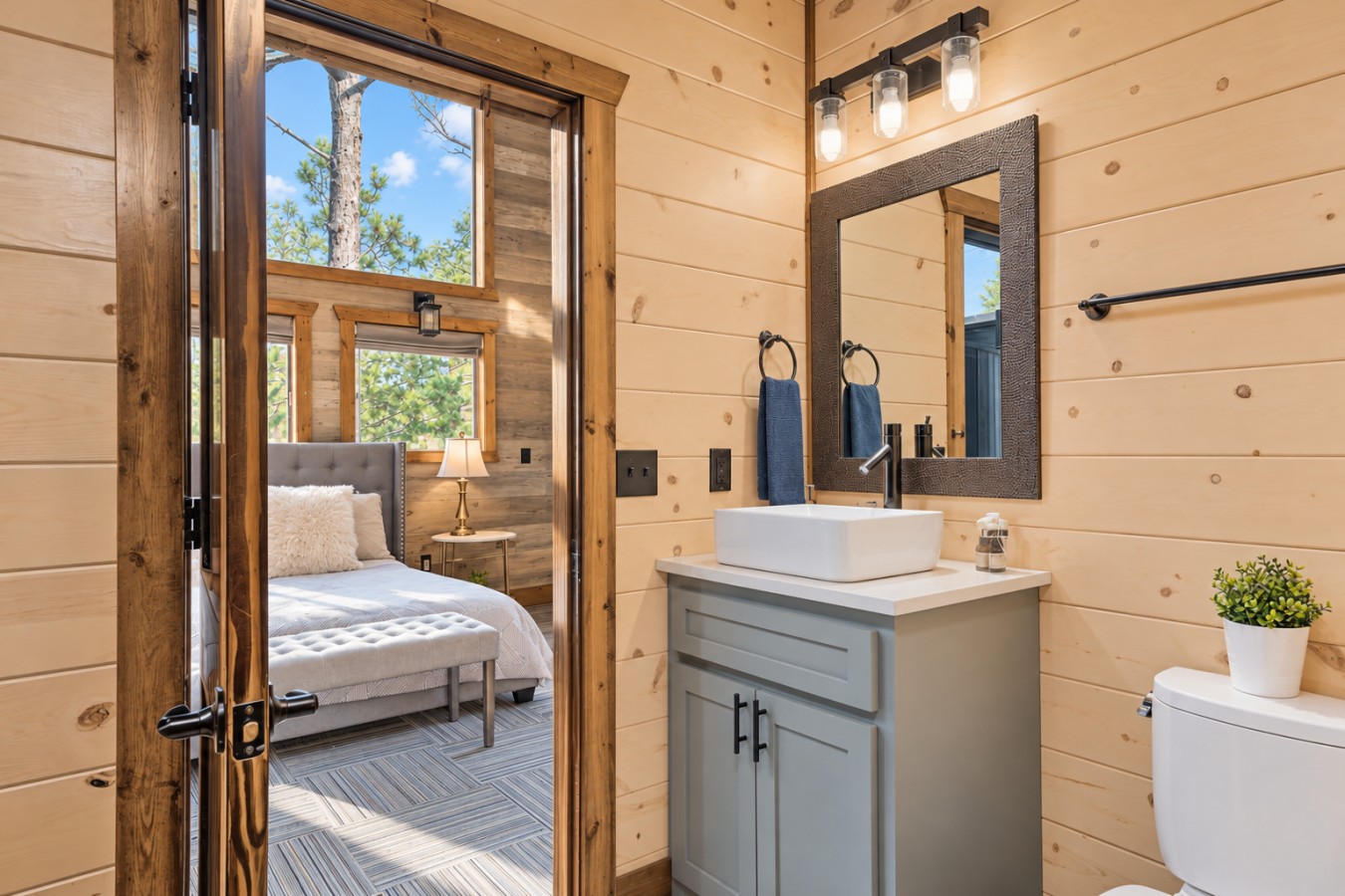 Family Getaway: Bathroom vanity and bedroom doorway