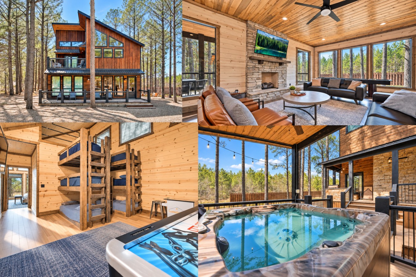 Family Getaway: Four-panel cabin, living room, bunk room and hot tub collage