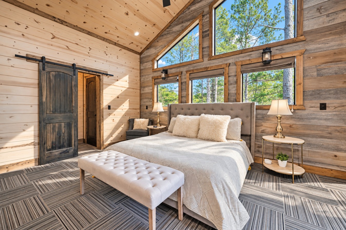 Family Getaway: Bedroom fireplace and bed