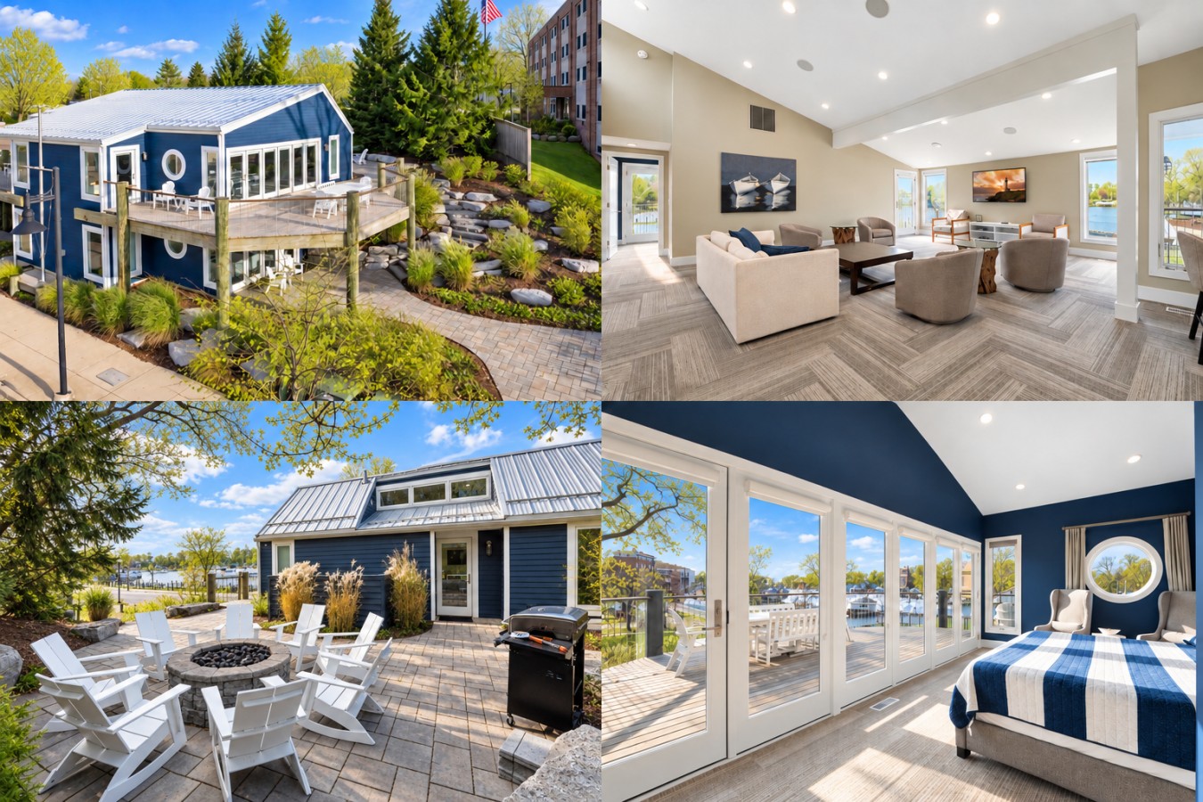 Haven Blue: Four-panel enhanced property collage with exterior fire pit area