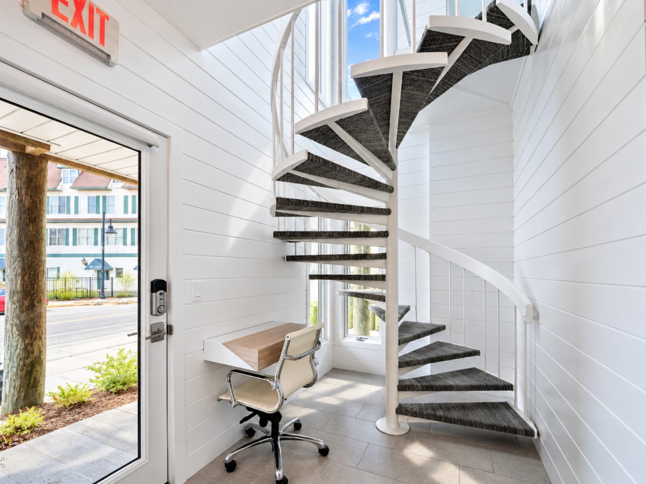 Spiral staircase connects the two levels