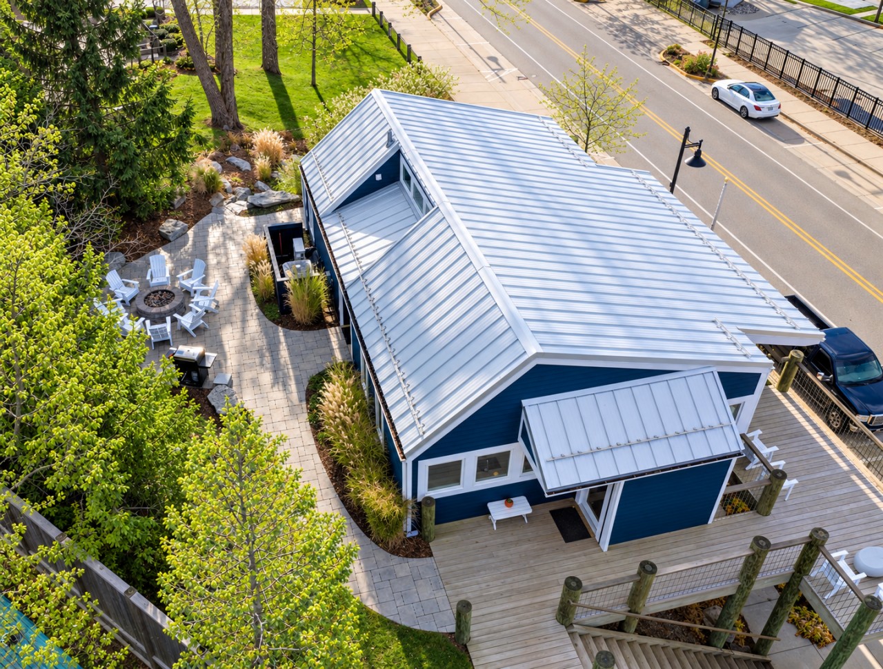 Overhead view of the decks, patio and outdoor layout