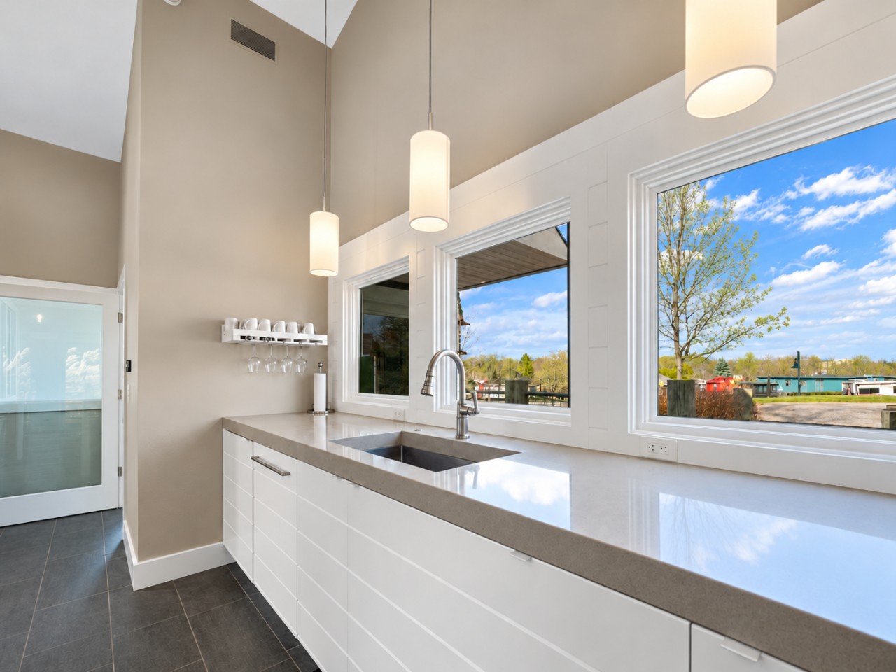 Kitchen sink and countertop with river views