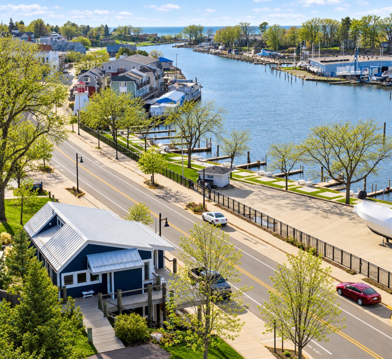 Aerial view of the home and its downtown South Haven setting