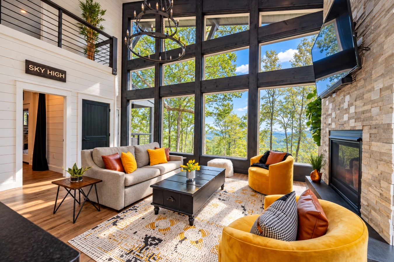 Sky High: Living room and forest views