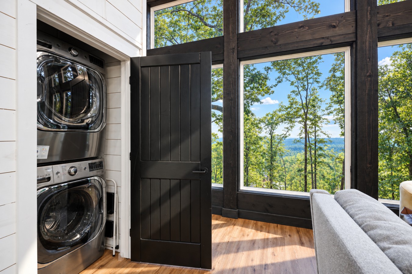 Sky High: Washer and dryer beside the living area