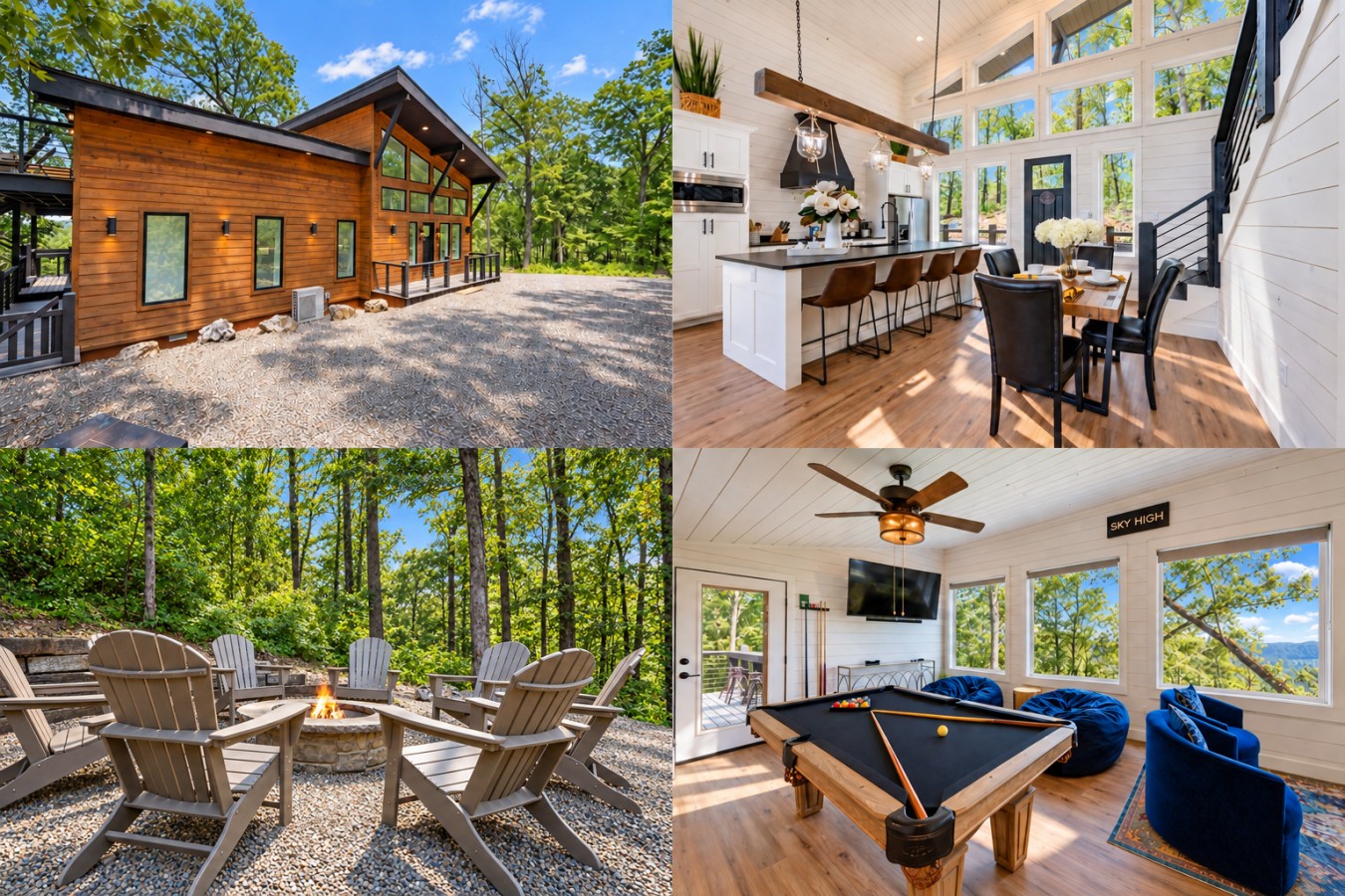 Sky High: Four-panel enhanced property collage with exterior fire pit area