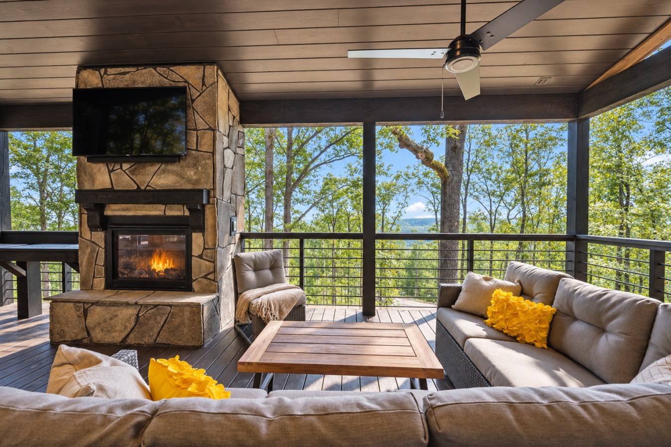 Sky High: Covered deck lounge and fireplace