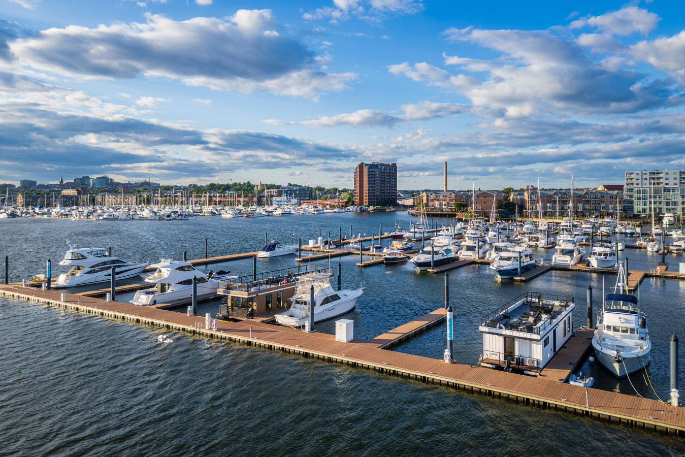 Our marina from above — enjoy being surrounded by water and boats with the vibrant Canton neighborhood just steps away.