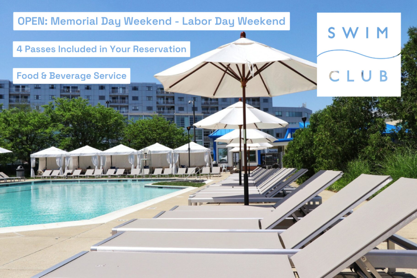 Cool off at the Swim Club — pool access included with your stay, open Memorial Day to Labor Day with lounge chairs and food service.