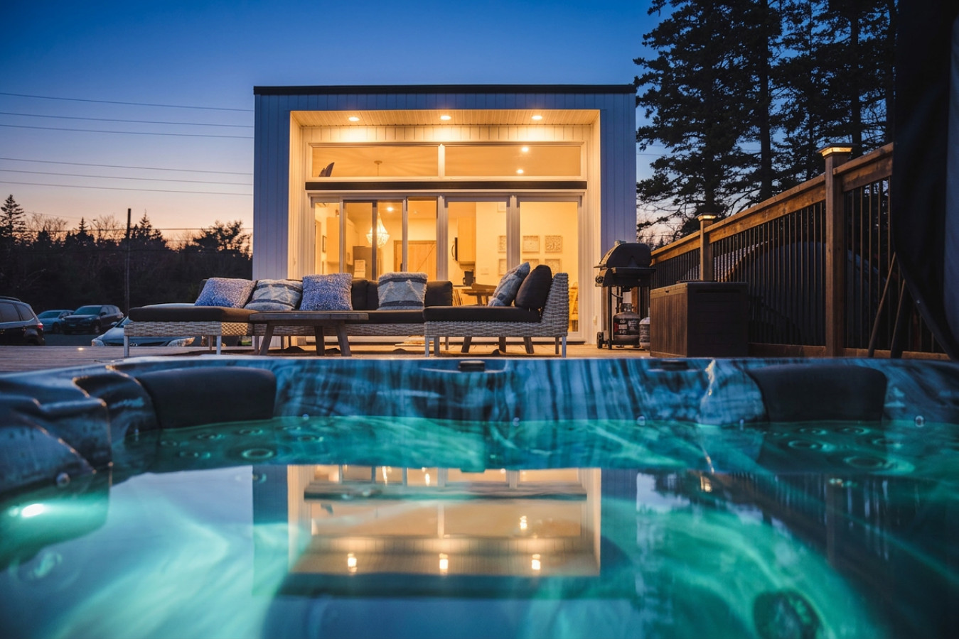 A girl in a pool on a hill on an island