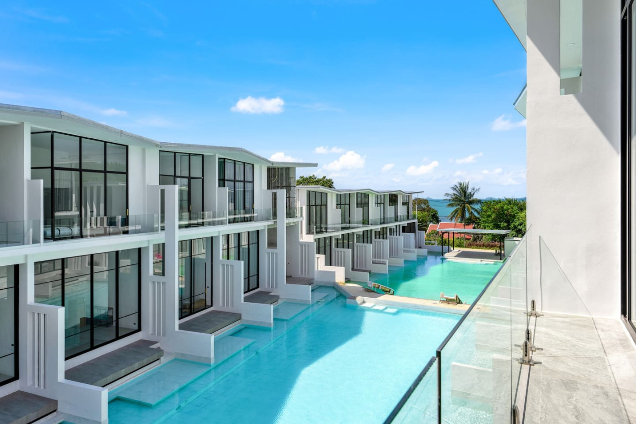 Replay Residence exterior with pool, modern Koh Samui vacation rental