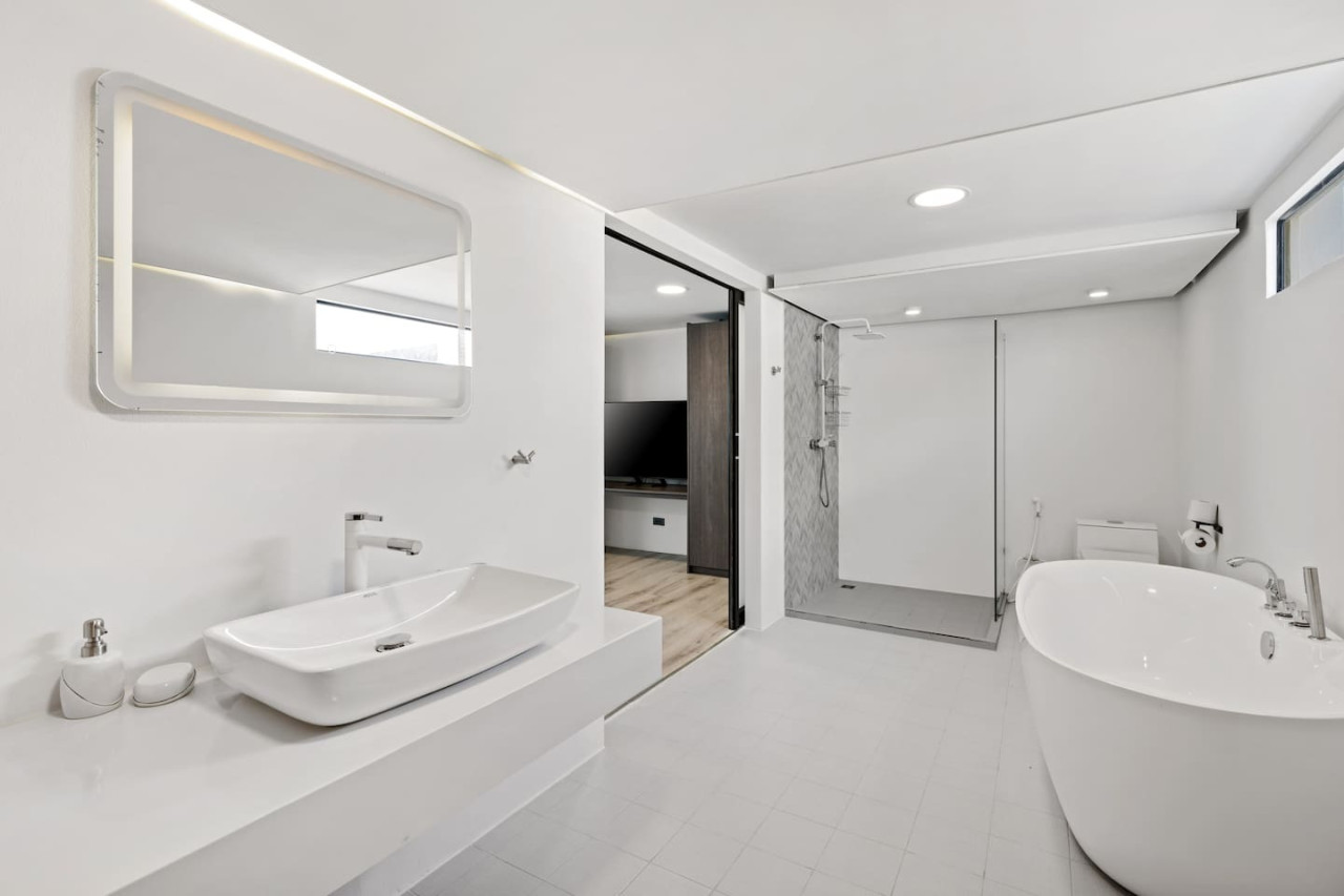 Designer bathroom with dual sinks at C'est la Vie, Replay Residence Koh Samui