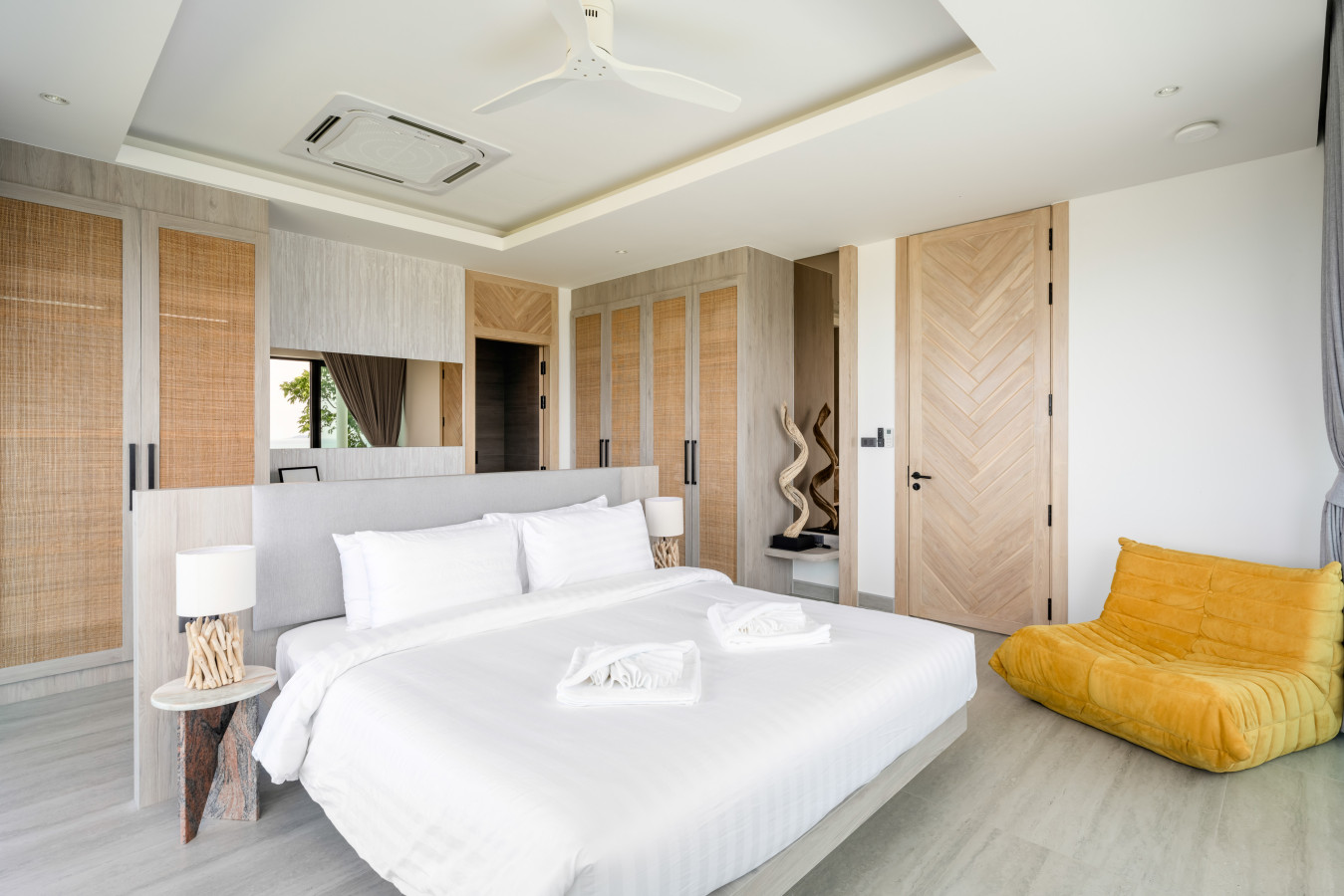 Twin bedroom with contemporary wooden accent wall
