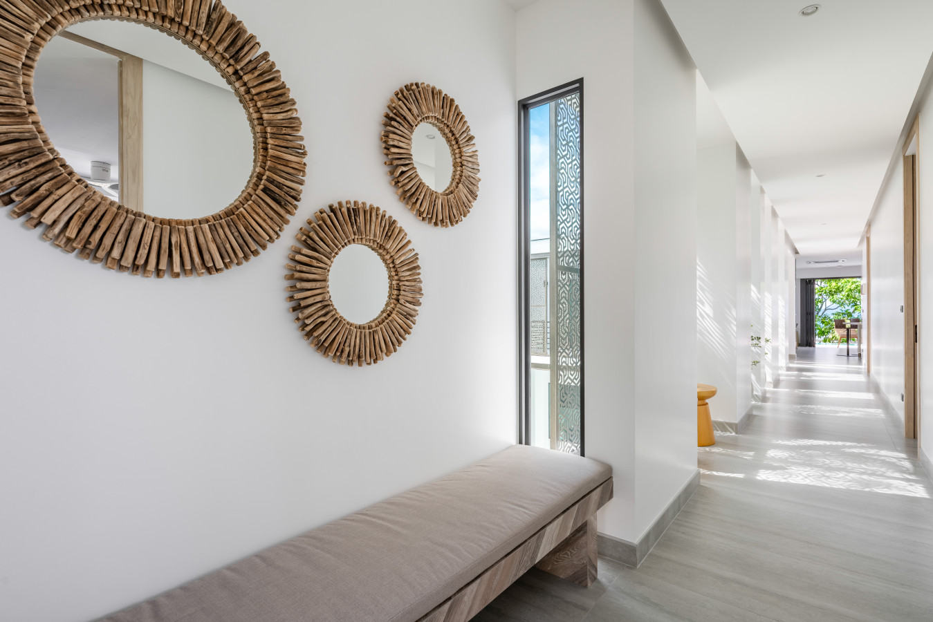 Stylish lounge corner with handcrafted wall decor