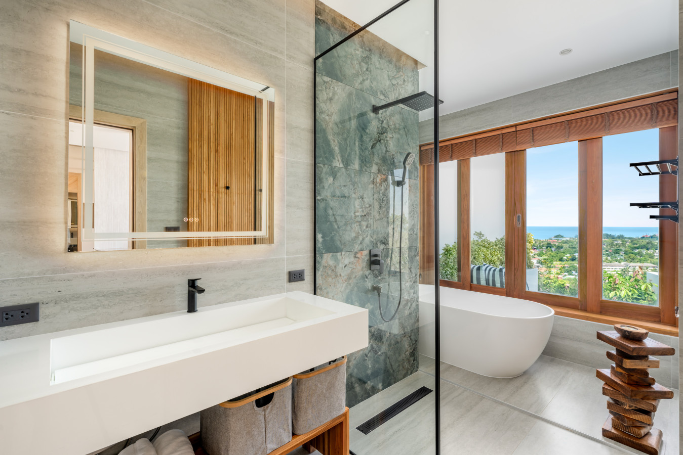 Spa-inspired bathroom with soaking tub and natural stone accents