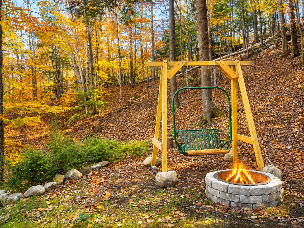Enjoy our ski lift swing by a nice fire