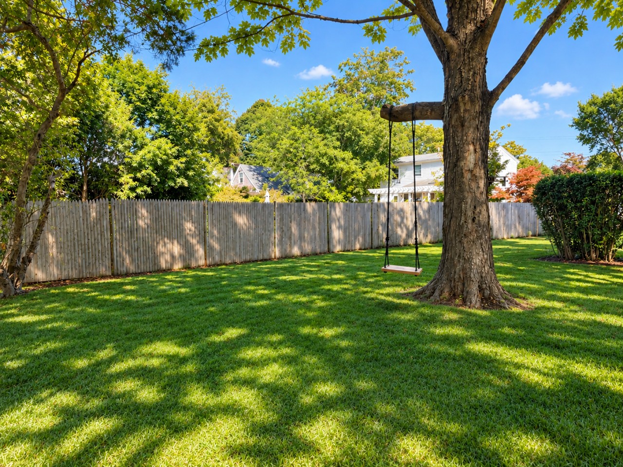 Spacious private backyard with a classic tree swing—plenty of room to relax, play, and enjoy the outdoors.
