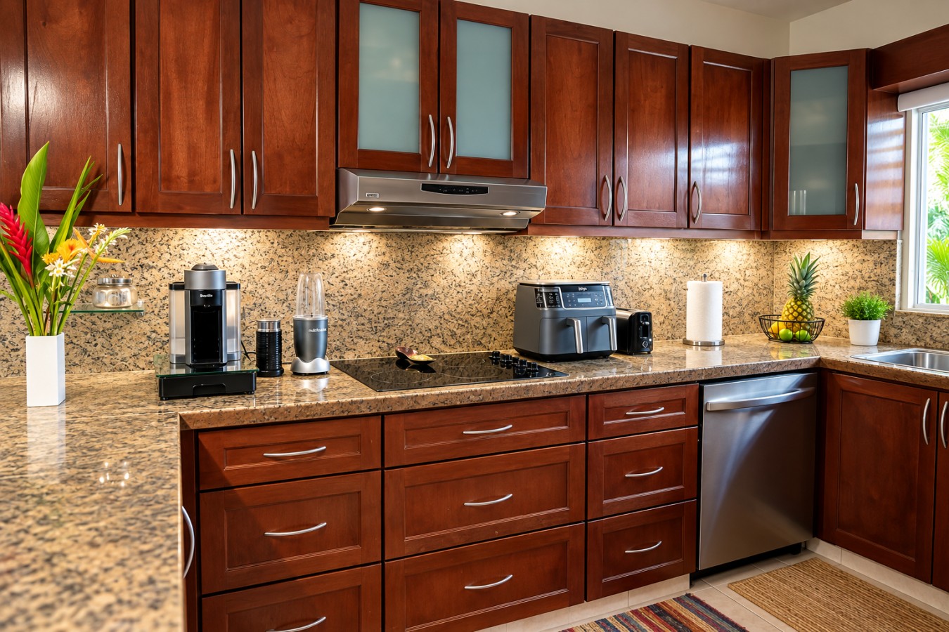 Fully equipped kitchen with granite counters, stainless appliances, warm lighting, coffee station and everything needed for meals at home.