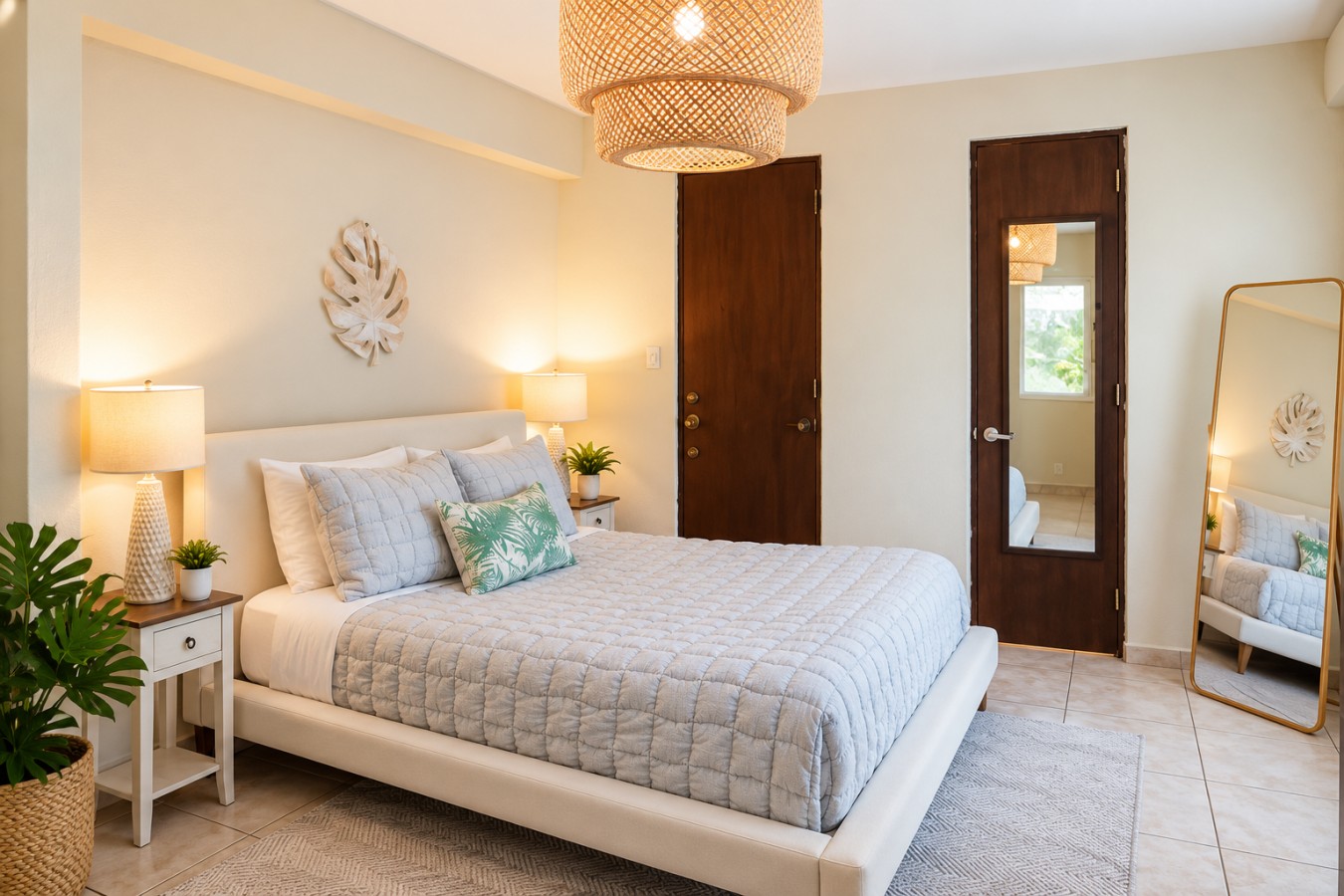 Relax in a bright Queen bedroom with tropical touches, warm lighting and a comfortable retreat after a day exploring San Juan.