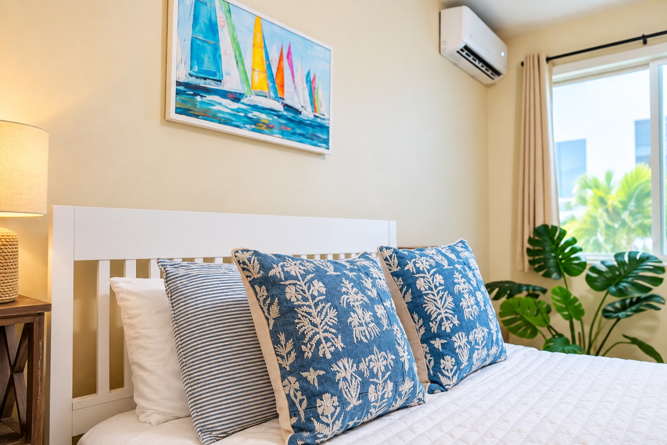 Bright queen bedroom with tropical coastal touches, air conditioning and natural light