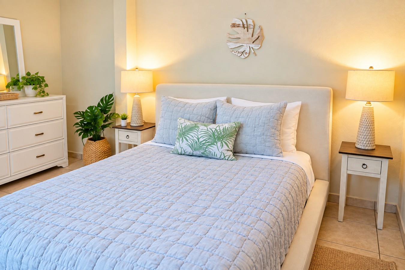 Comfortable queen bedroom with fresh linens, tropical accents and warm bedside lighting