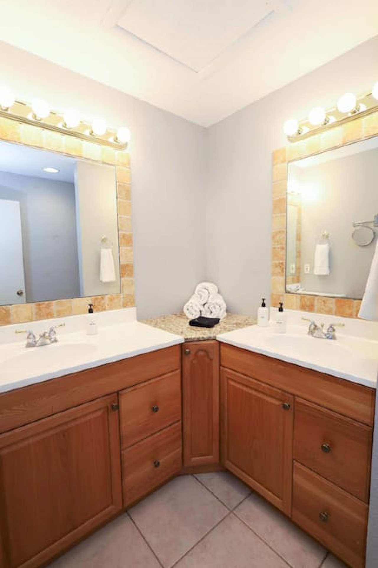 We love the unique double vanities in the primary bathroom. There’s more than enough room for all your toiletries