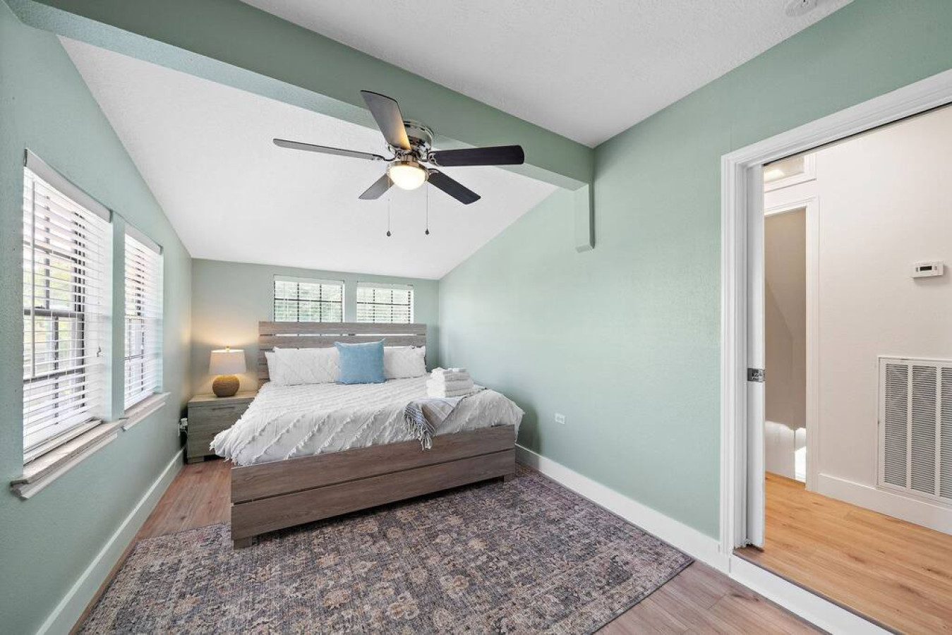 This bedroom has a king sized bed