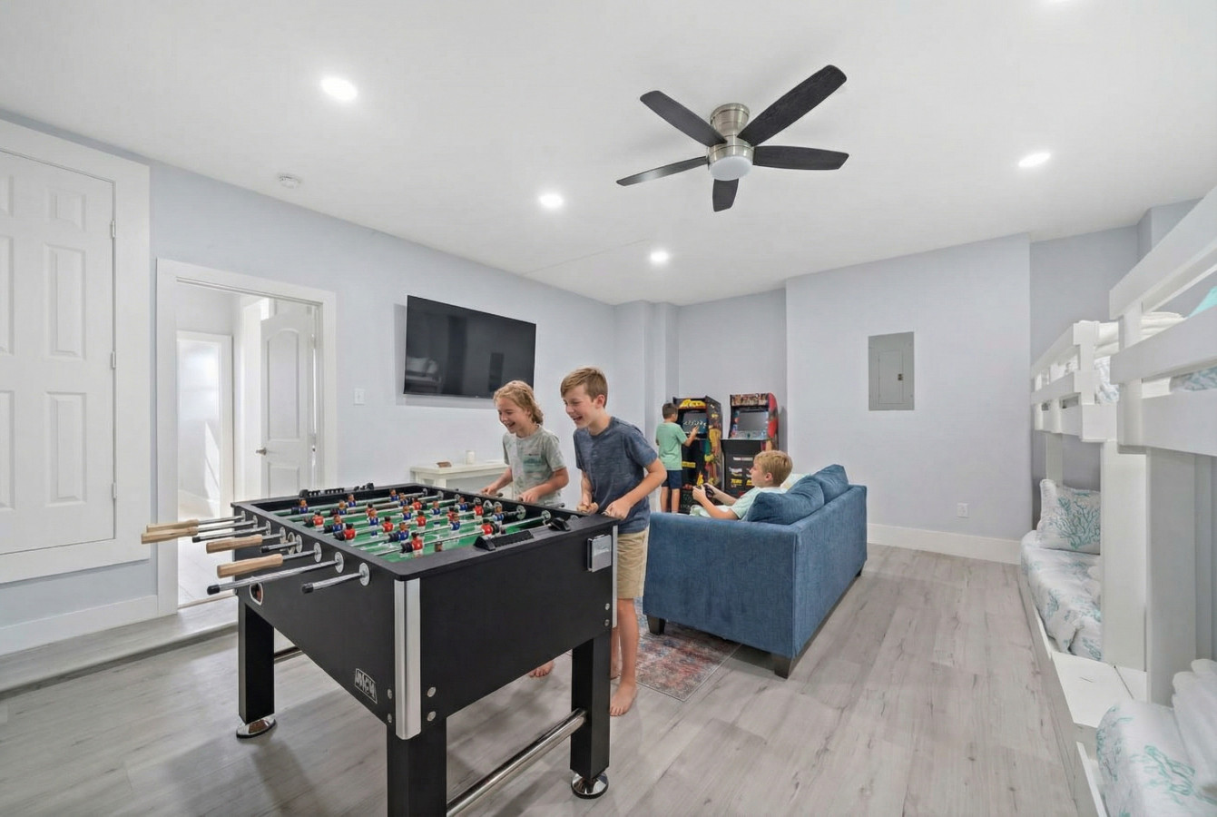 An inviting game room oasis where fun meets sophisticated aesthetics