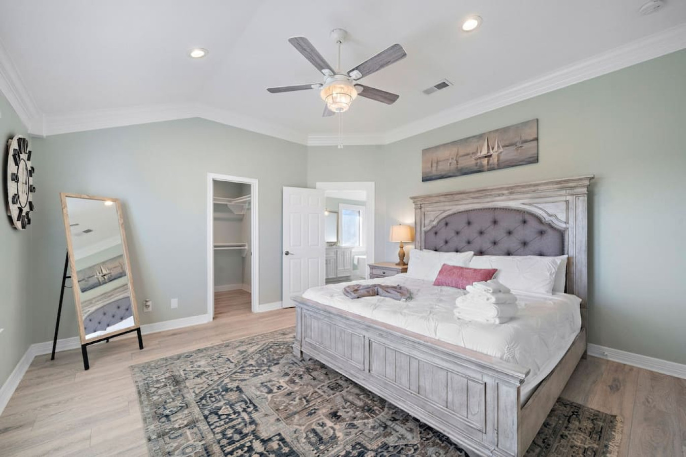 Tranquil vibes resonate in the cozy allure of this inviting sleep space with this king-sized bed