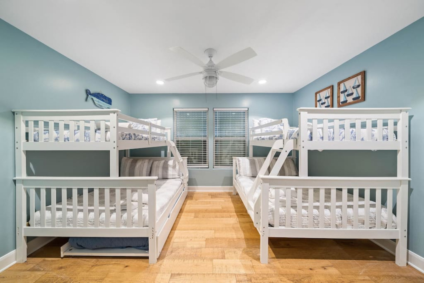 This bedroom has 2 twin over full bunk beds