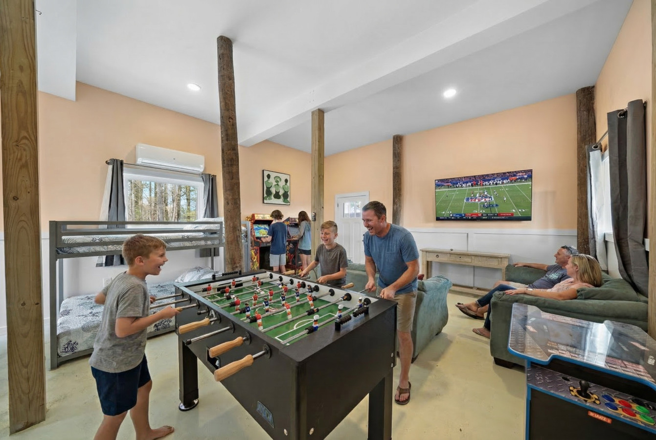 Enjoy this game room with a variety of games