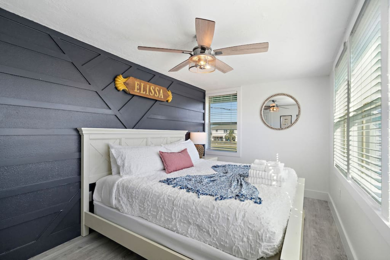 This bedroom has a king sized bed