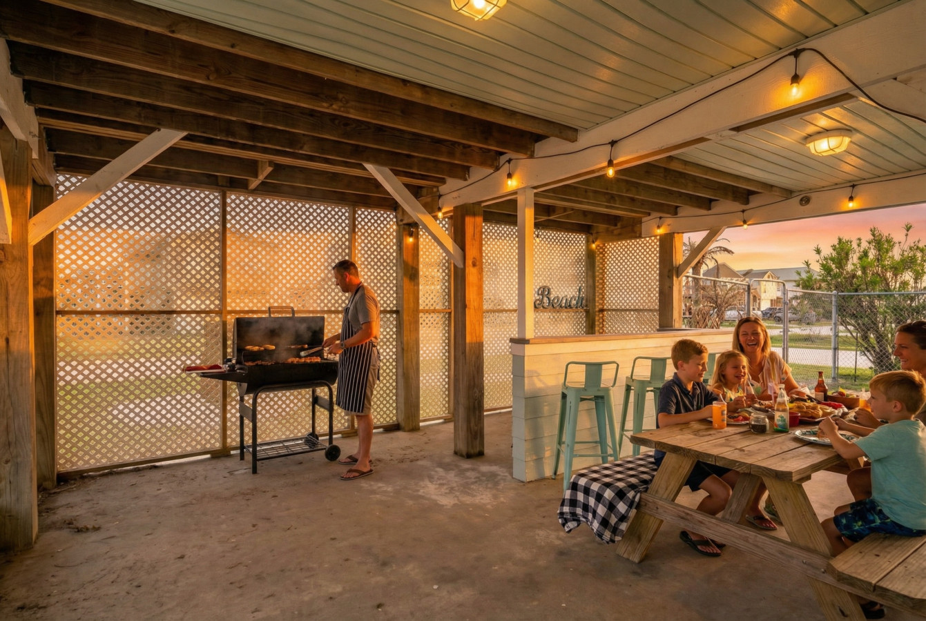 A downstairs bar with seating paired with a charcoal grill! Grilling tools are included but charcoal is not provided