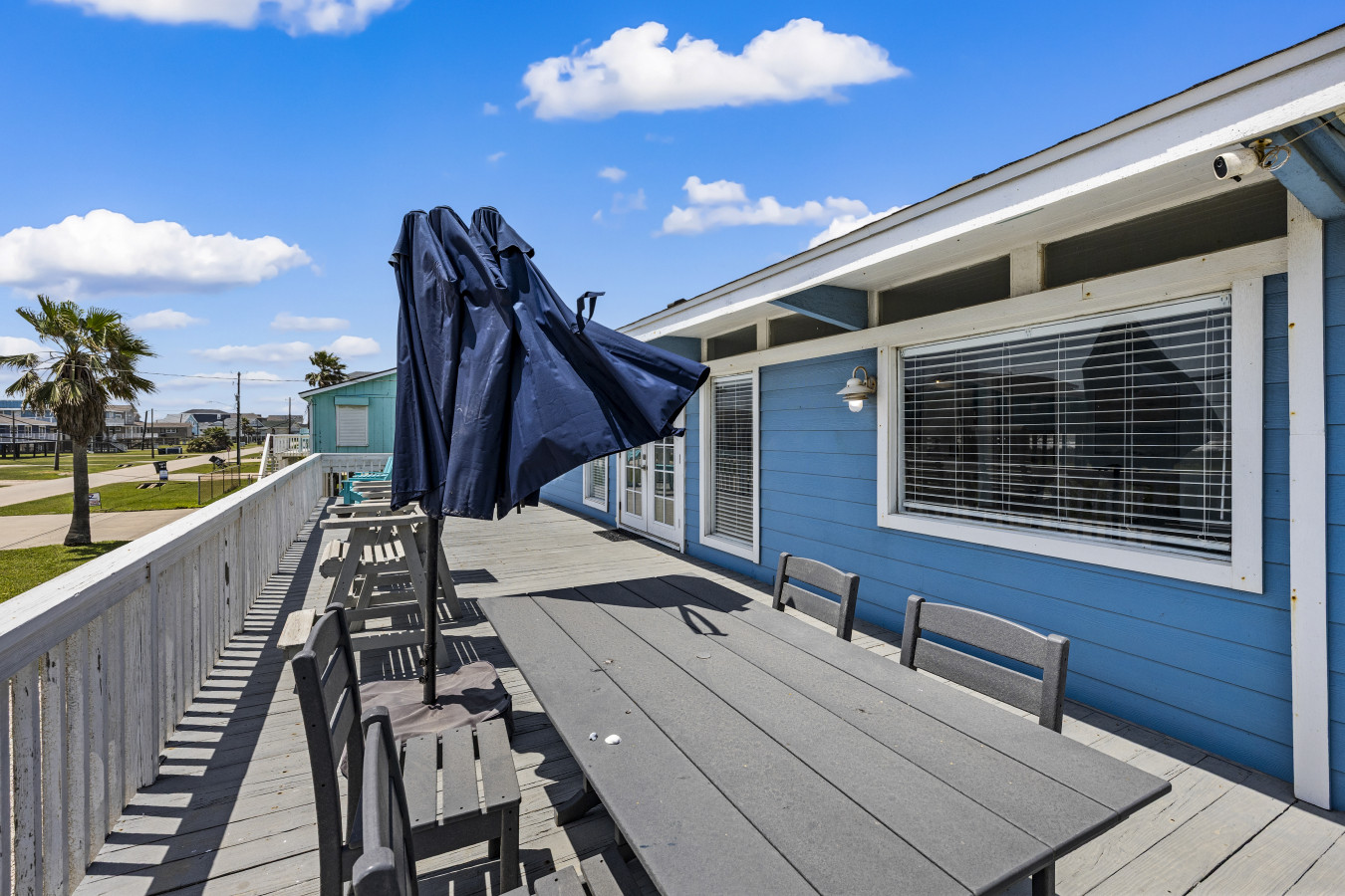 Multiple seating areas for relaxing and dining outdoors