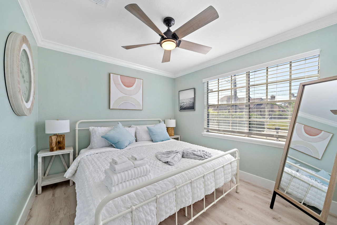 This bedroom has a king sized bed