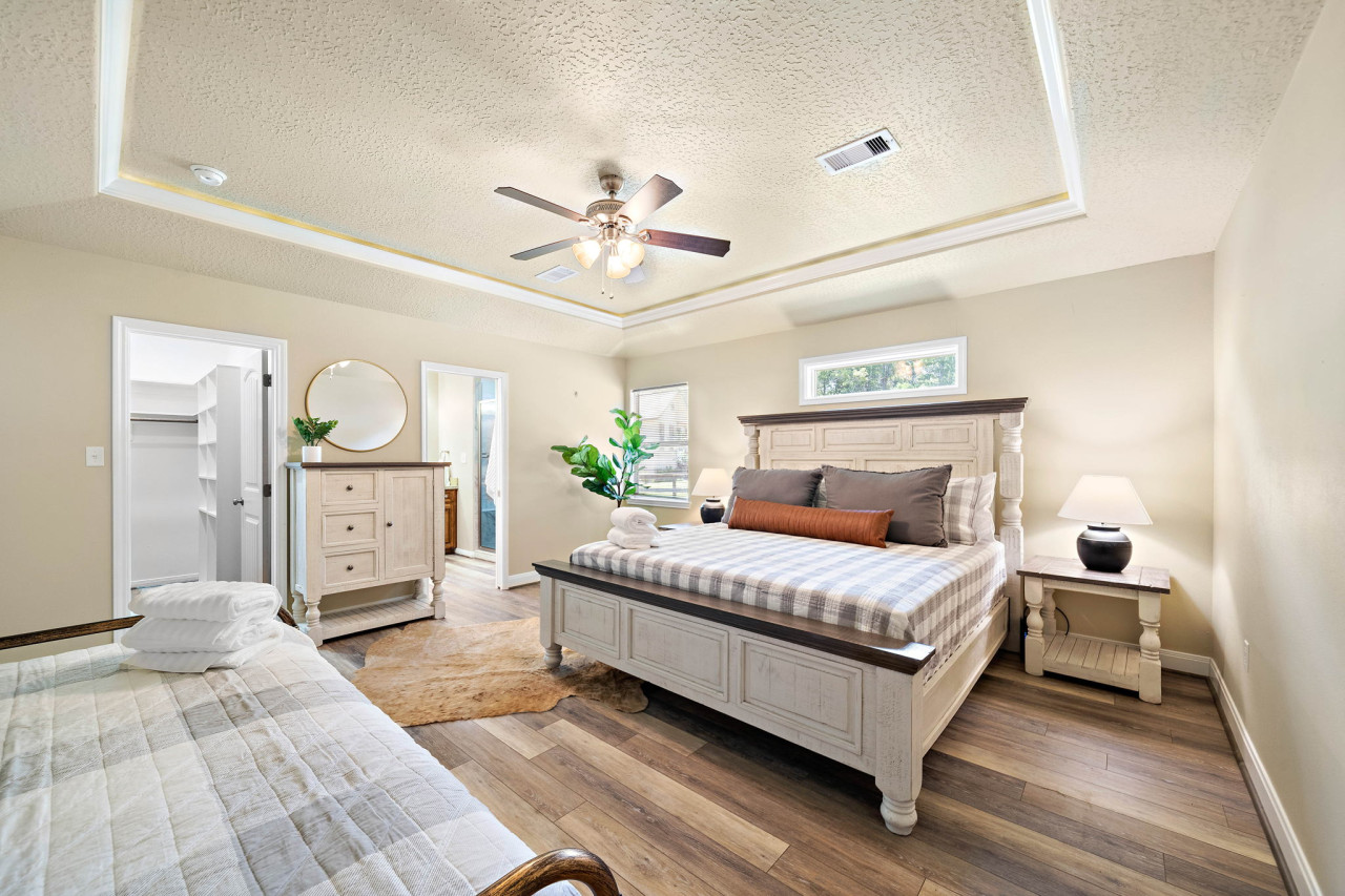 This bedroom has a king sized bed