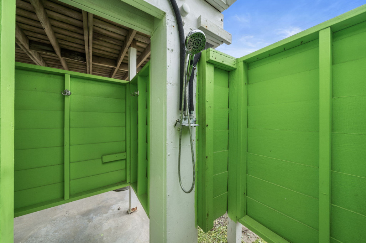 An outdoor shower to use after basking in the sun and soaking in the sea!