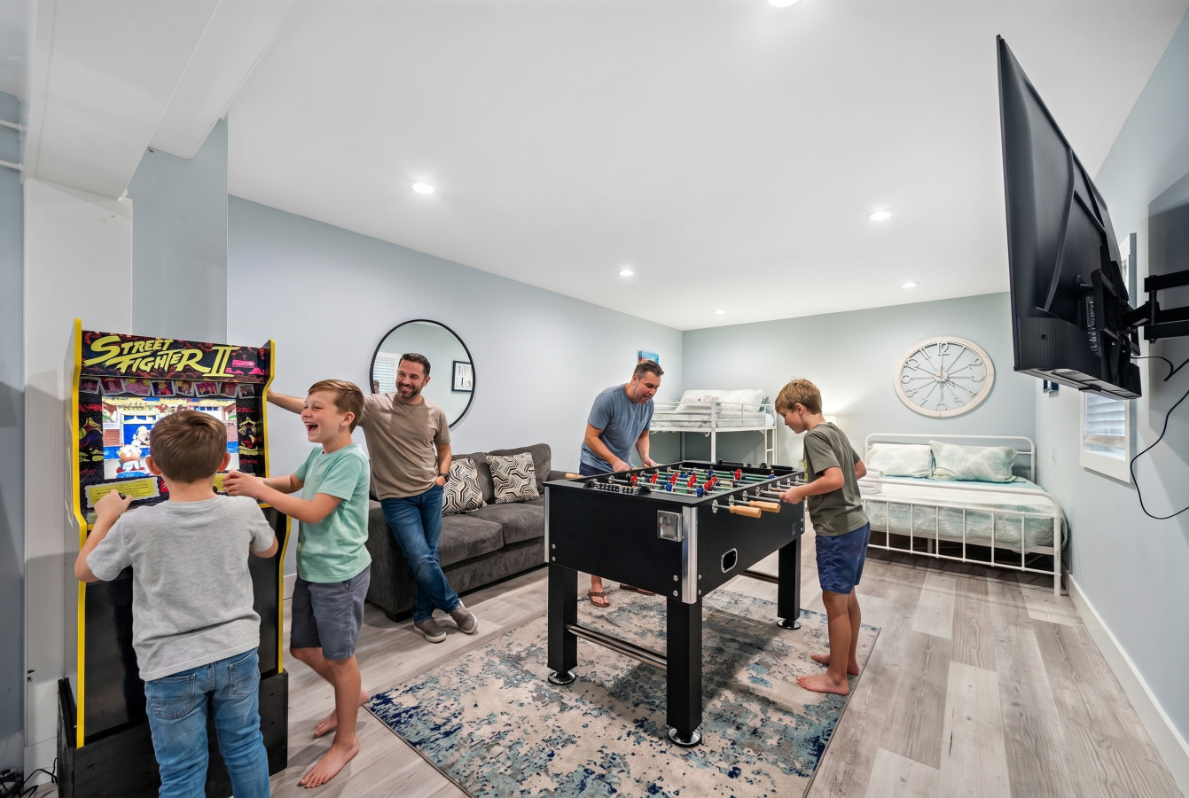 Enjoy this game room with a variety of games
