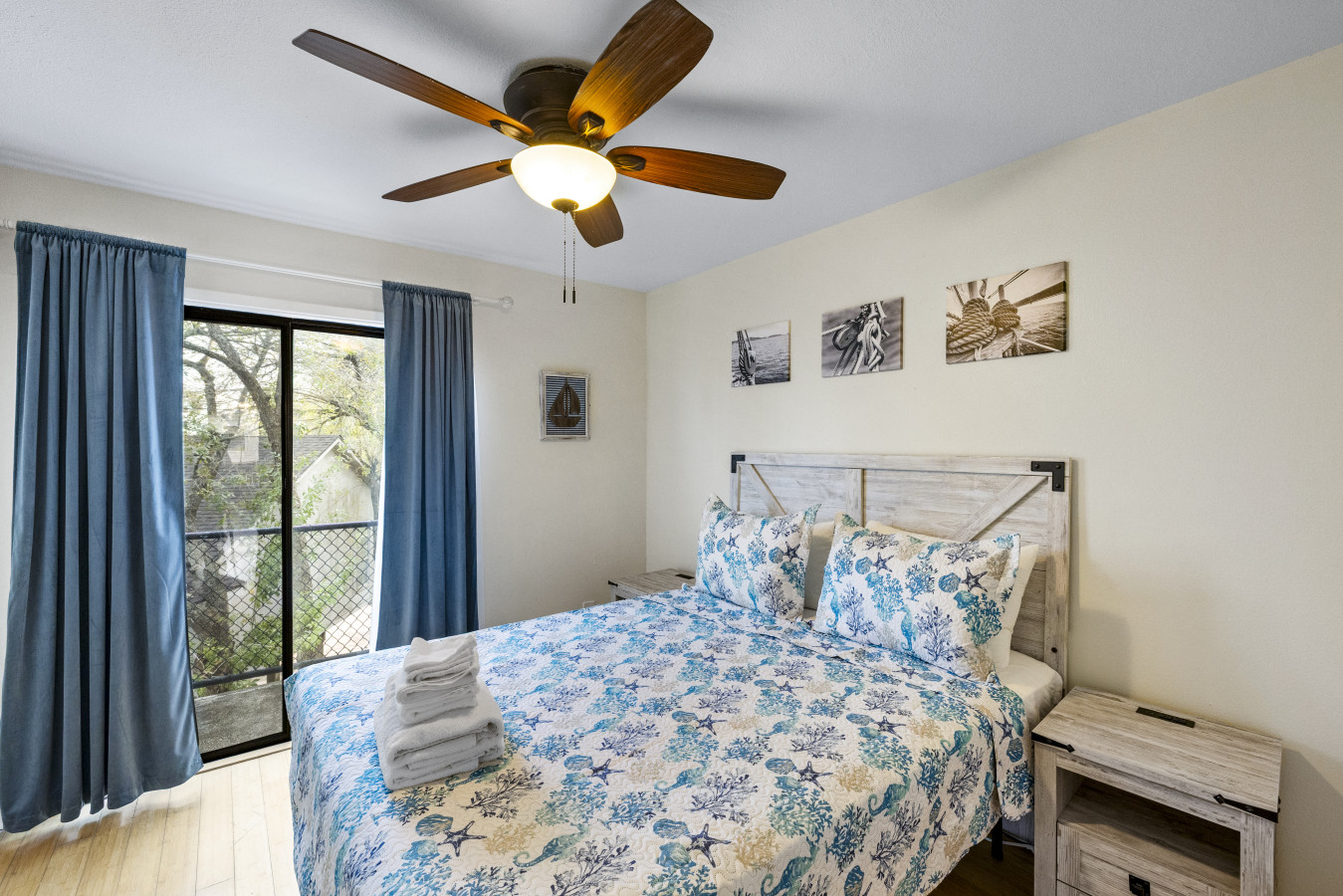 This bedroom has a queen-sized bed
