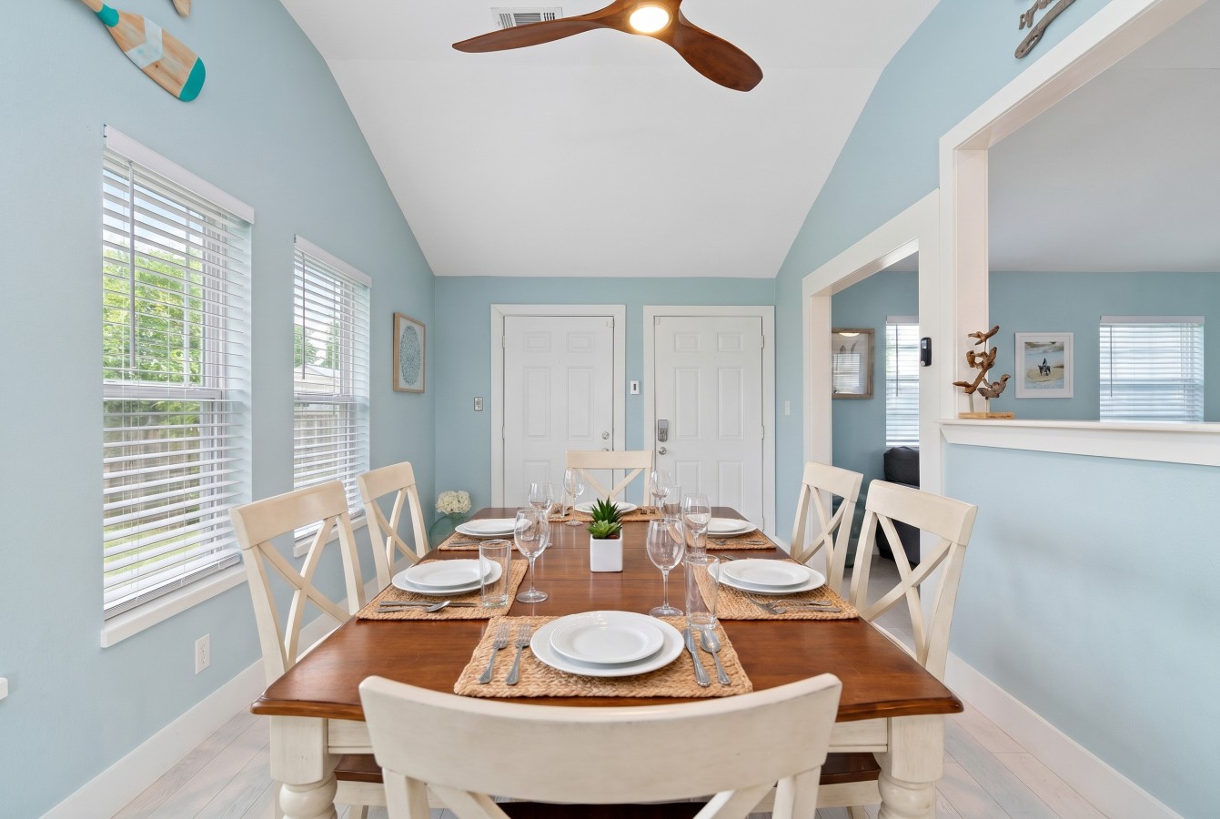 The formal dining space has room for six people
