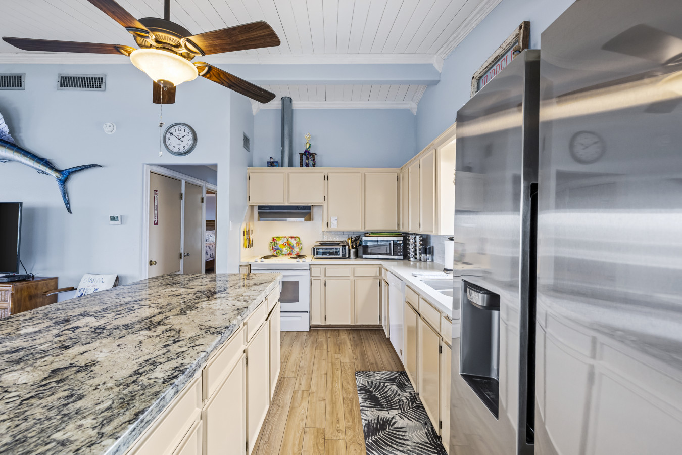 A functional kitchen with plenty of counter space
