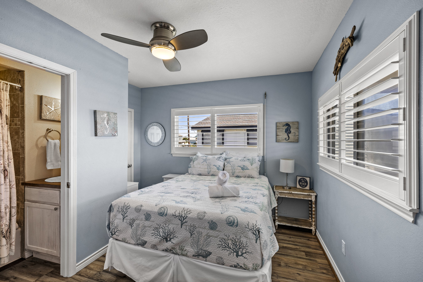 This bedroom has a queen-sized bed