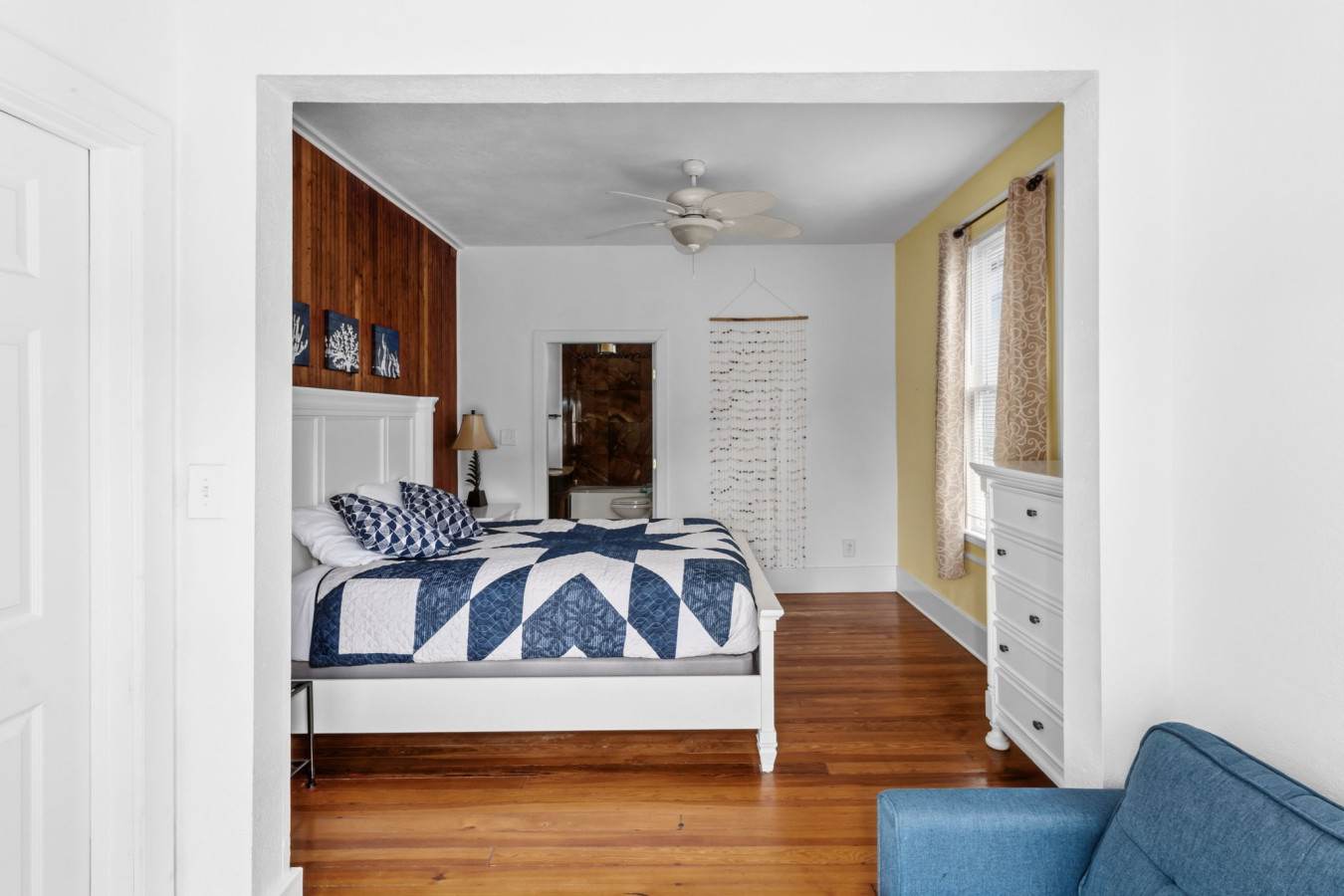 This bedroom has a queen-sized bed